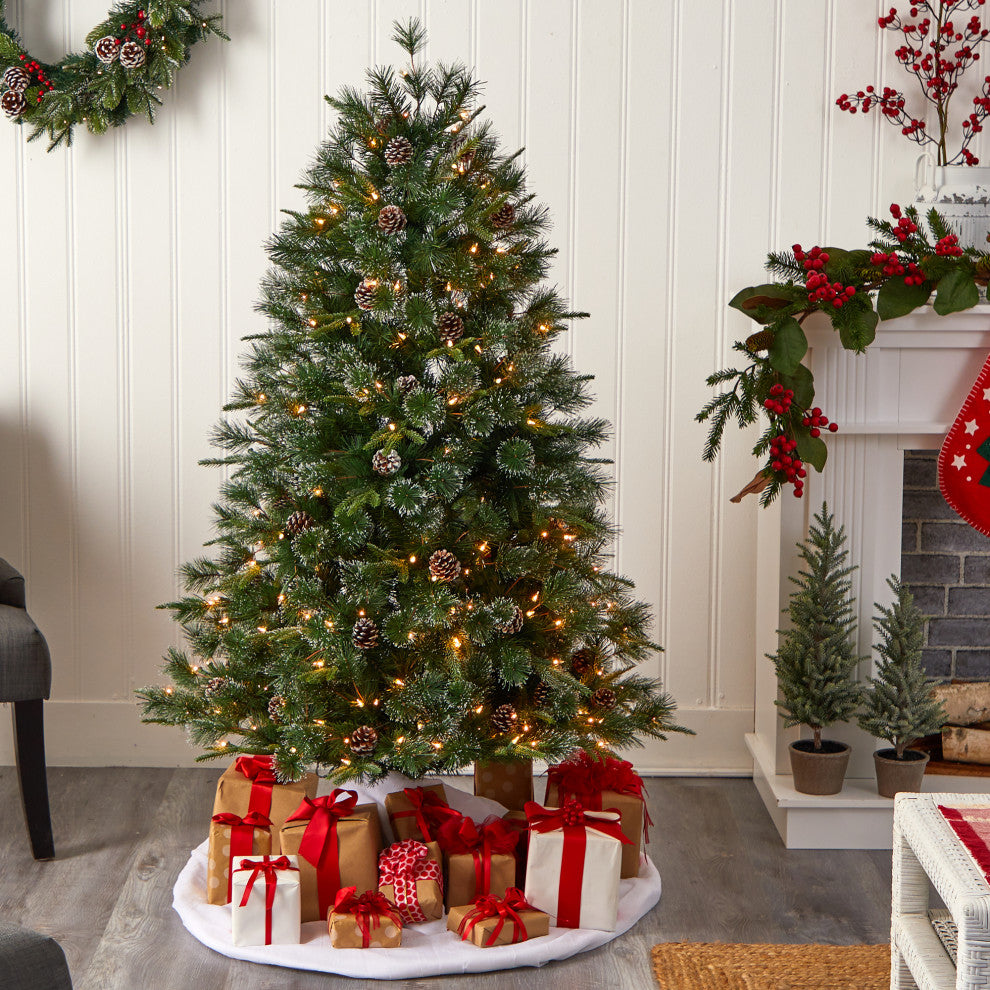 4' Snowed Tipped Clermont Mixed Pine Faux Xmas Tree W/Lights, Pinecones