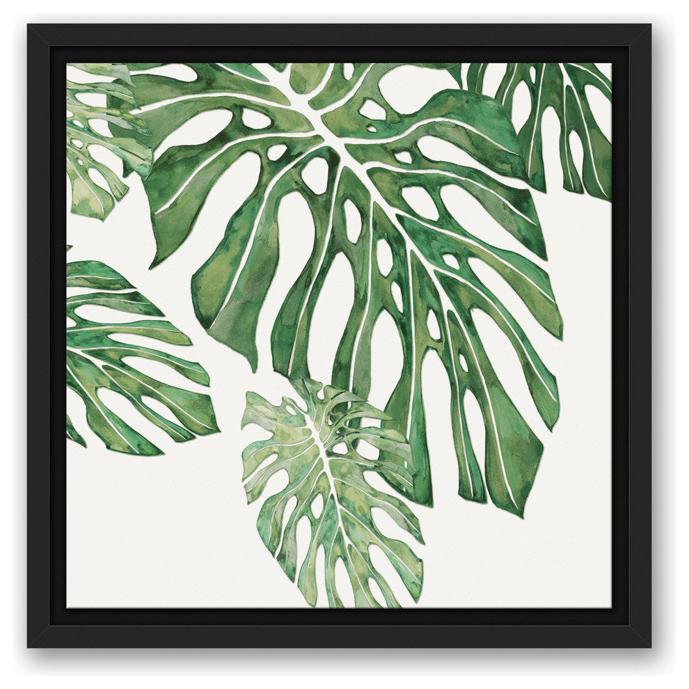 Green Tropical Leaves 12x12 Black Floating Framed Canvas