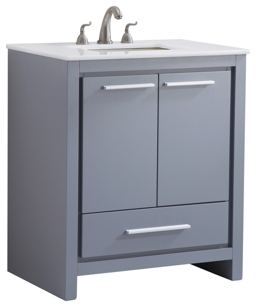 30" Single Bathroom Vanity, Grey With Ivory White Quartz