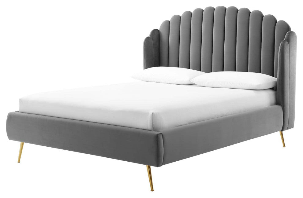 Platform Bed Frame, Queen Size, Velvet, Gray, Modern Contemporary, Bedroom
