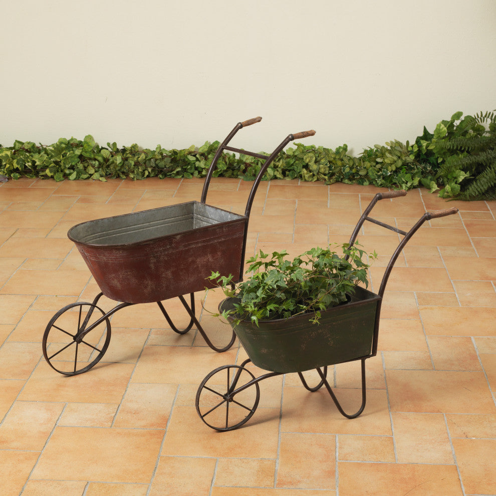 Set of 2, Assorted Metal Antique Wheelbarrows
