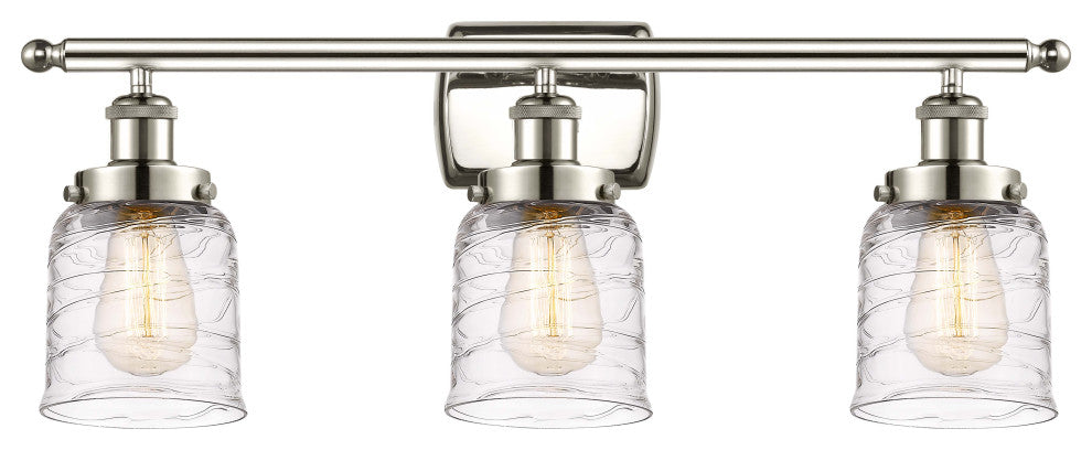 Small Bell 3 Light Bath Vanity Light, Polished Nickel, Deco Swirl