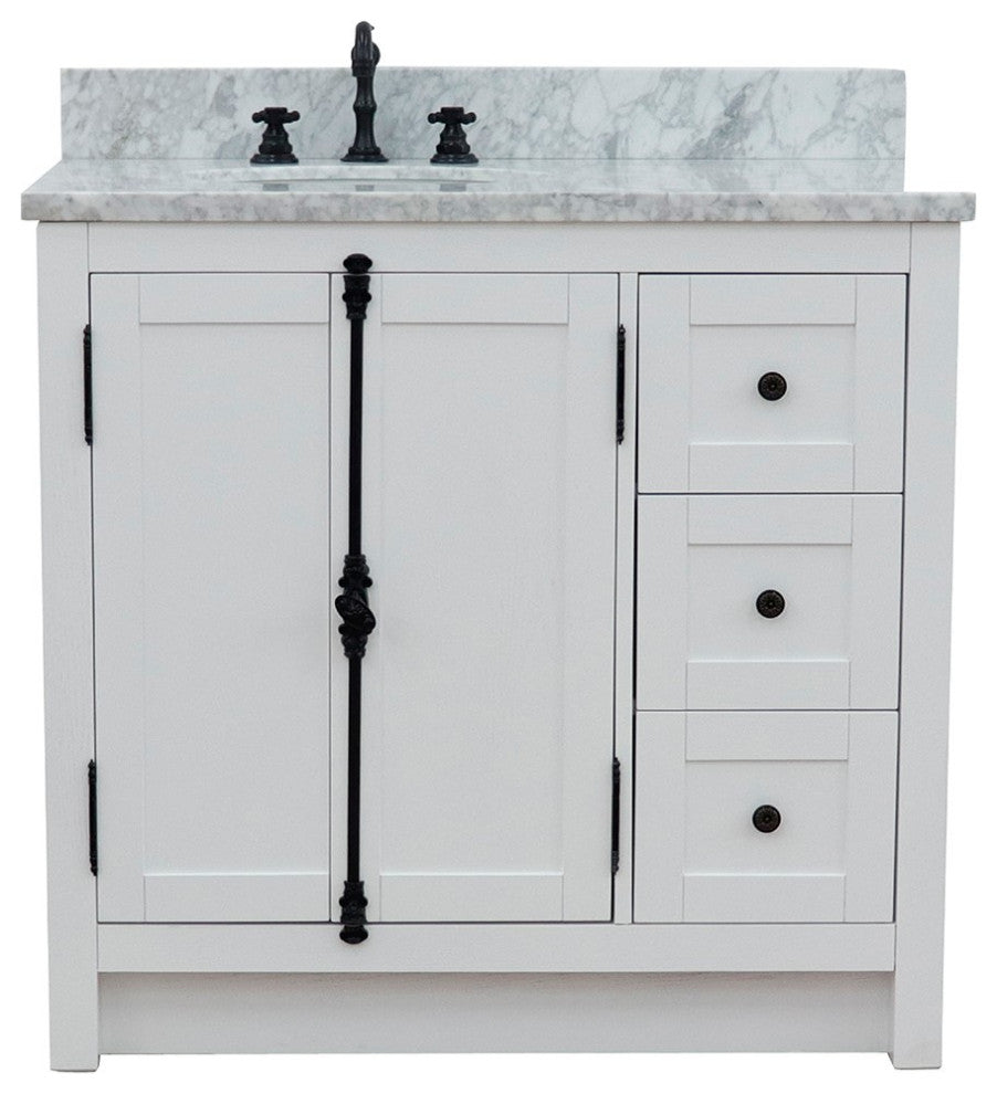 37" Single Vanity, Glacier Ash With White Carrara Top, Left Doors/Left Oval Sink