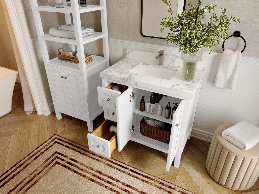 Nashville 36" Center Sink Bath Vanity, White 2" Carrara Quartz