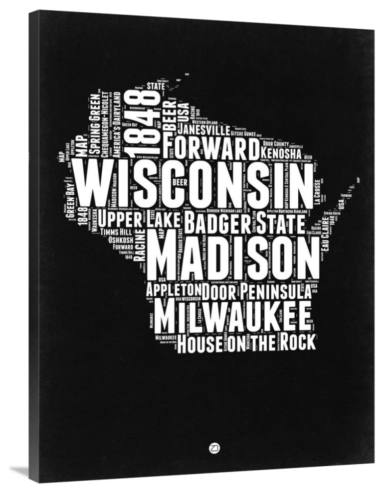 "Wisconsin Black and White Map" Fine Art Print