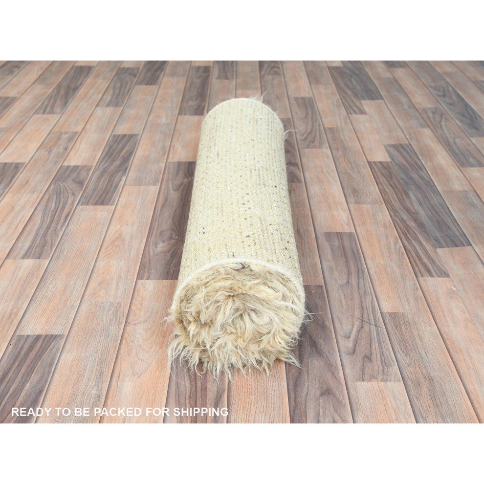 Beige Undyed Natural Wool Hand Knotted Shaggy Moroccan Runner Rug, 2'6"x10'0"