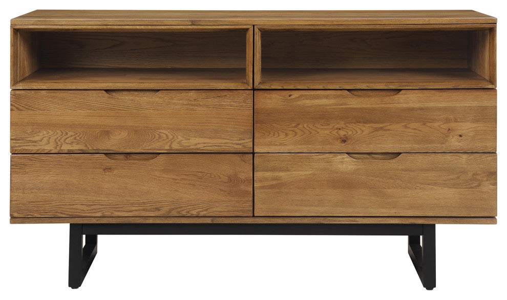 Aldo 4 Drawer Dresser in Brown Oak Wood with Black Metal Legs