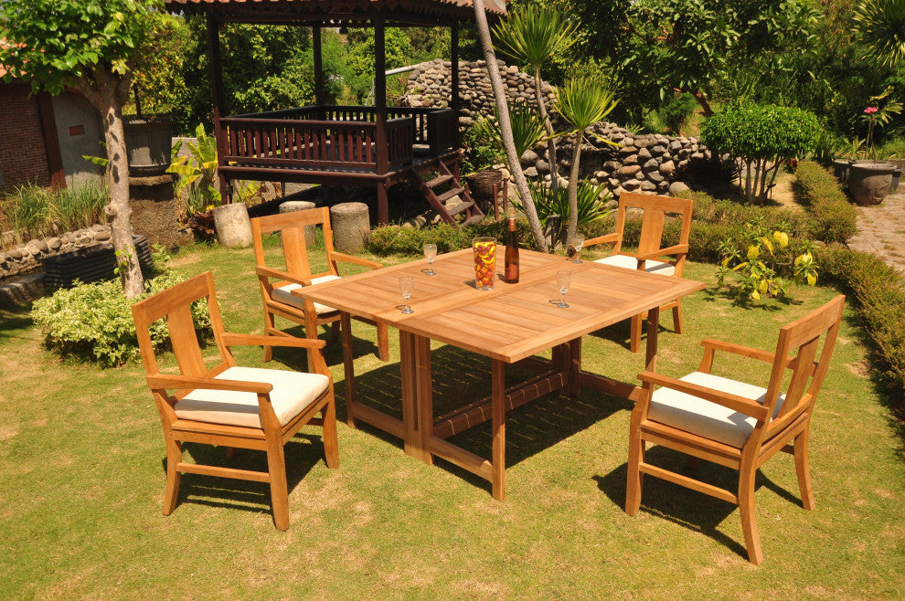 5-Piece Outdoor Teak Dining Set: 60" Square Butterfly Table, 4 Osbo Arm Chairs