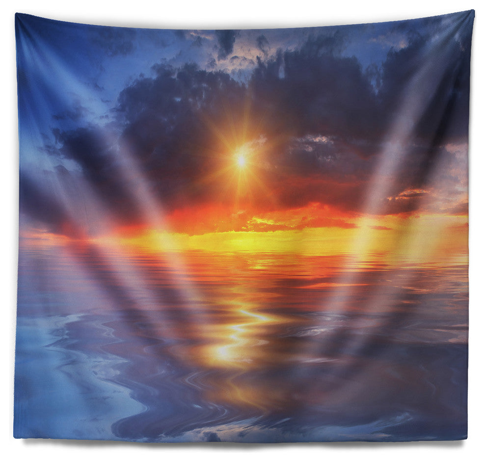 Cloudy Sunset Reflection in Lake Cityscape Wall Tapestry, 39"x32"