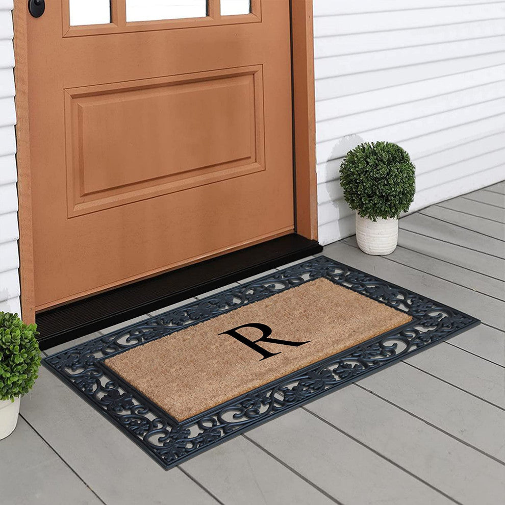 A1HC Floral Border Black 18x30 Rubber and Coir Heavy Duty Monogrammed Doormat, R