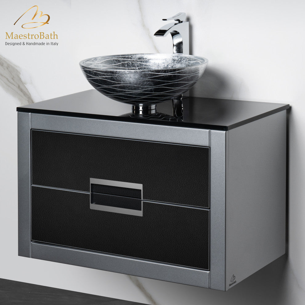 Danya Leather Vanity, Black and Silver, 32"