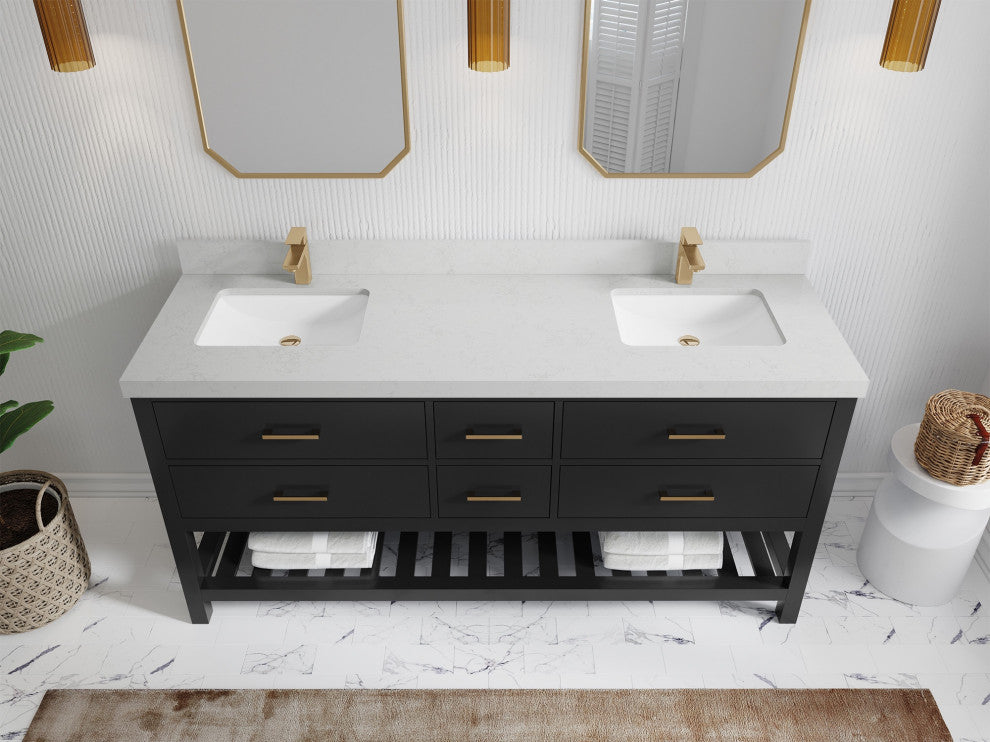 Parker 72" Double Sink Bath Vanity, Black 2" Carrara Quartz