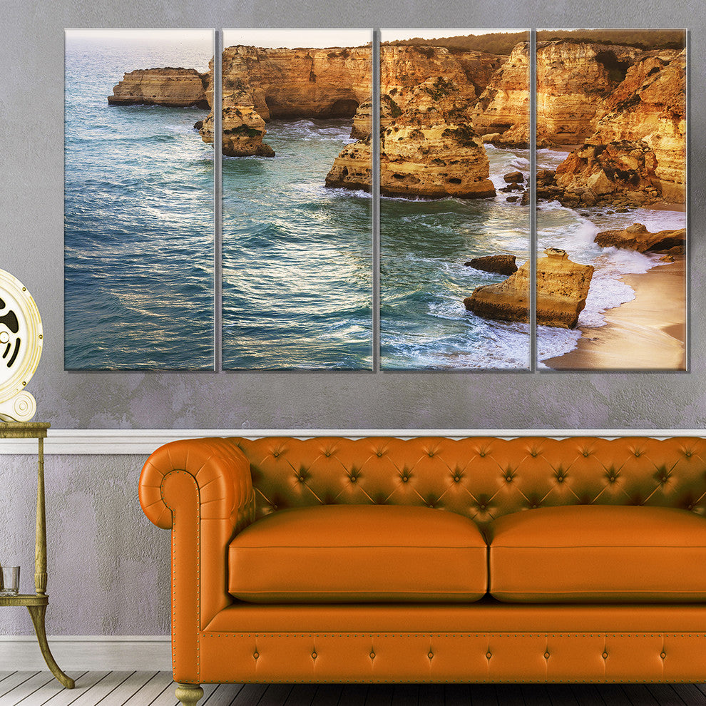 "Golden Rocks and Beach At Algarve" Seashore Wall Art, 4 Panels, 48"x28"