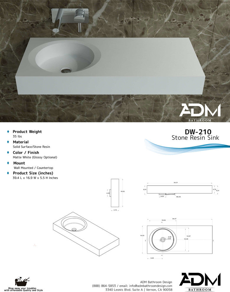 ADM Rectangular Countertop Sink, White, 39", Glossy White