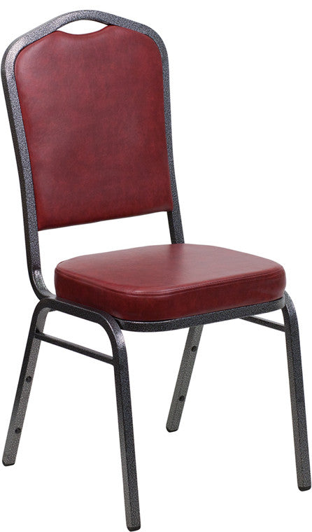 Crown Back Stacking Banquet Chair in Burgundy Vinyl-Silver Vein Frame