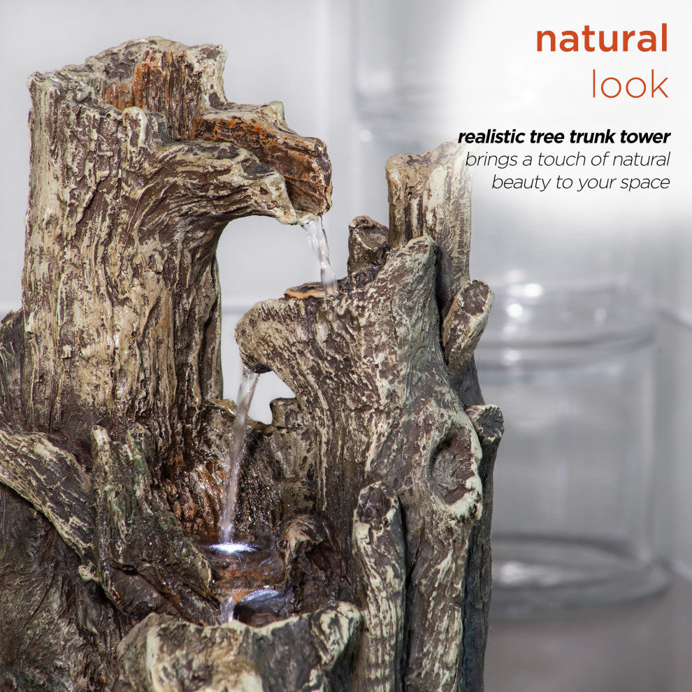 Alpine 5-Tiered Rainforest Tree Trunk Tabletop Fountain, LED Lights, 14" Tall