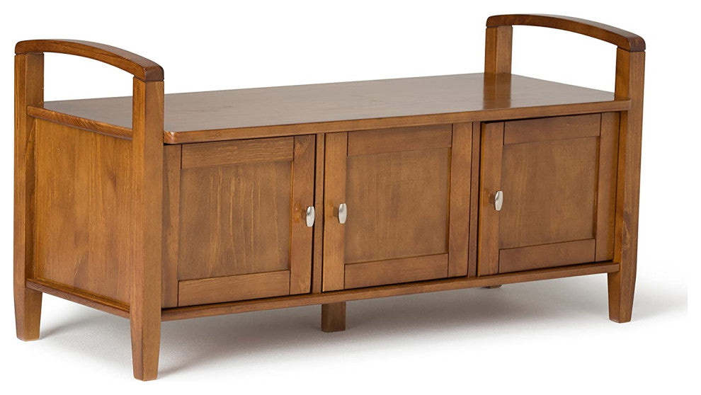 Large Storage Bench, Cabinet Doors With Brushed Nickel Knobs, Light Golden Brown