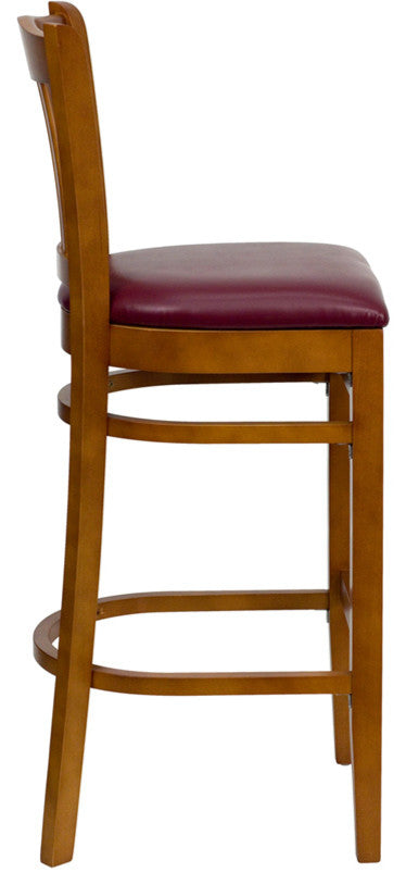 Dyersburg 31" Wood Barstool Vertical Slat Back Cherry, Burgundy Vinyl Seat