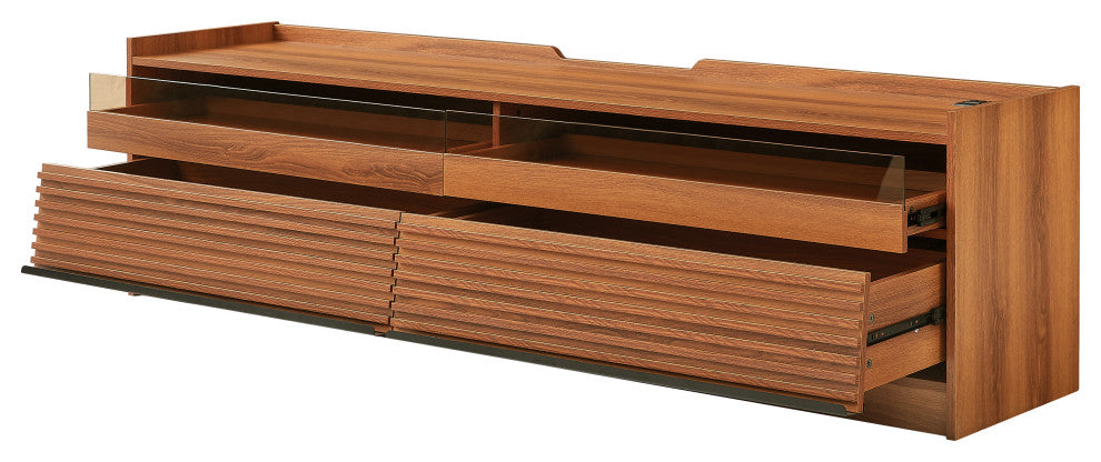 GDF Studio 4-Drawer Storage TV Stand, LED Lighting & Charging Ports, Espresso