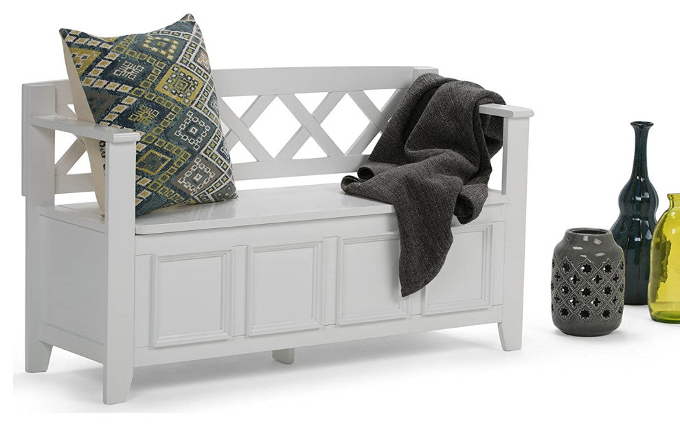 Transitional Storage Bench, X-Shaped Patterned Back and Raised Accents, White