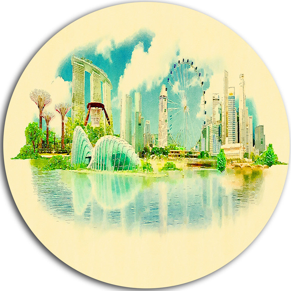 Singapore Panoramic View, Cityscape Watercolor Disc Metal Wall Art, 11"