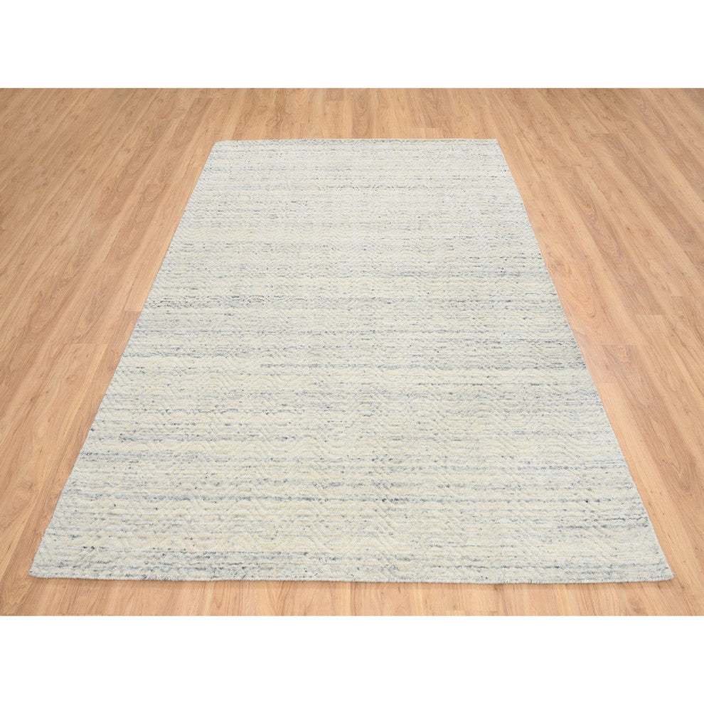 Beige Variegated Textured Modern Design Natural Wool Hand Loomed Rug, 5'10"x9'