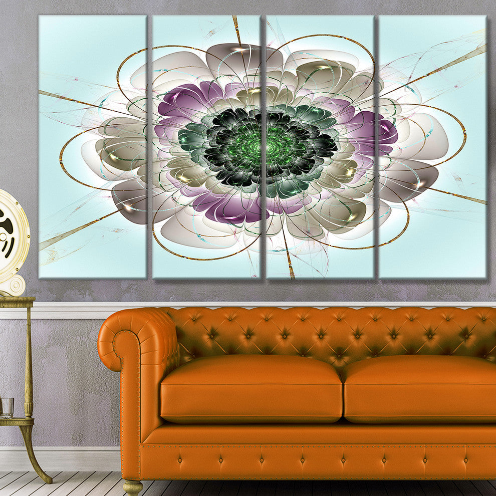 Dark Blue Fractal Flower Pattern, Abstract Wall Art Canvas, 48"x28", 4 Panels