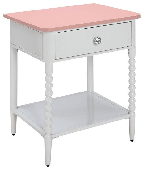 Solid Wood and Metal Nightstand With Spacious Storage, White and Pink