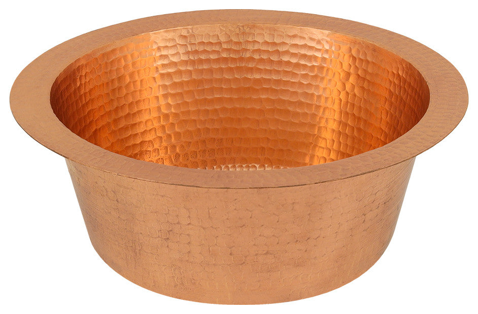 12" Round Hammered Copper Bar Sink, 2" Drain Opening, Polished Copper