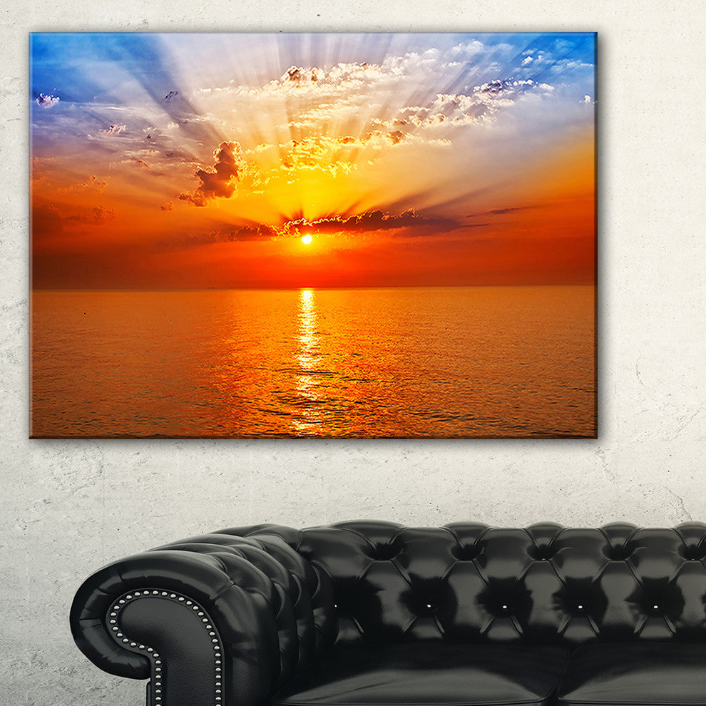 "Orange Sea Sunrise Under Blue Sky" Seashore Wall Art, 32"x16"