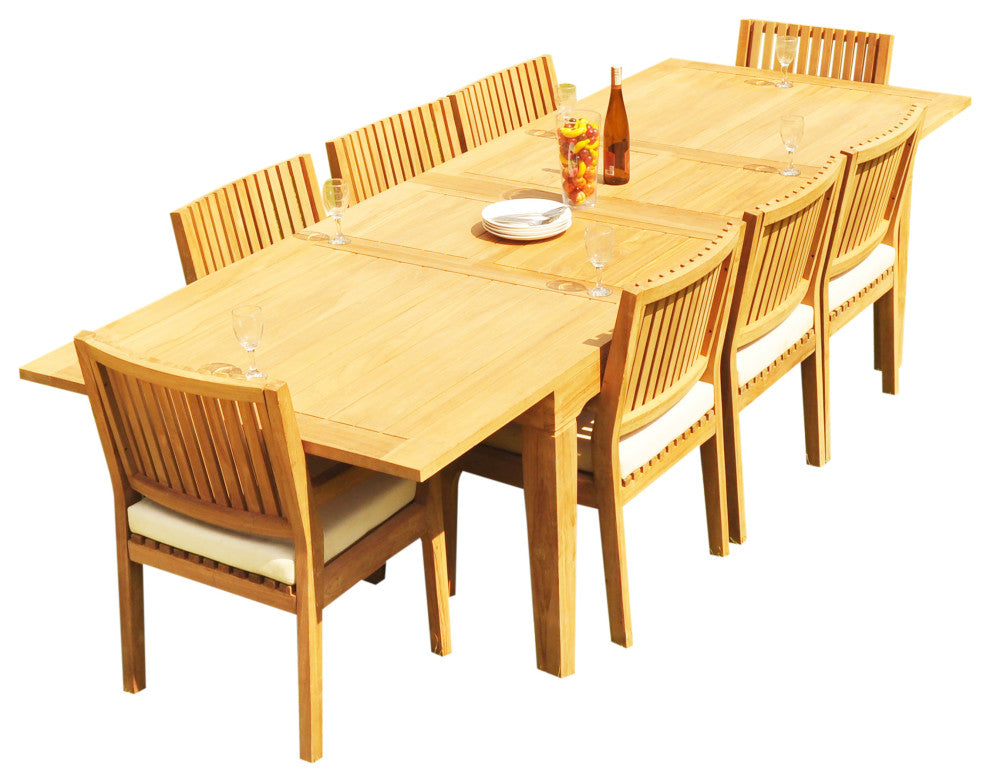 9-Piece Outdoor Teak Dining Set: 122" Ext Rectangle Table, 8 Maldives Arm Chairs
