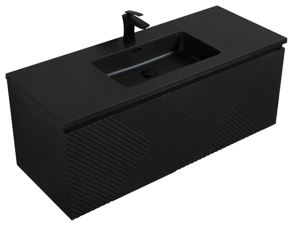 Matte Black Wall Mount Bath Vanity, Integrated Sink, Black Sink, 48"