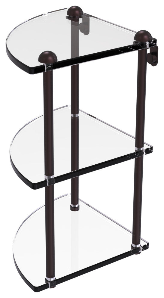 Three Tier Corner Glass Shelf, Antique Bronze