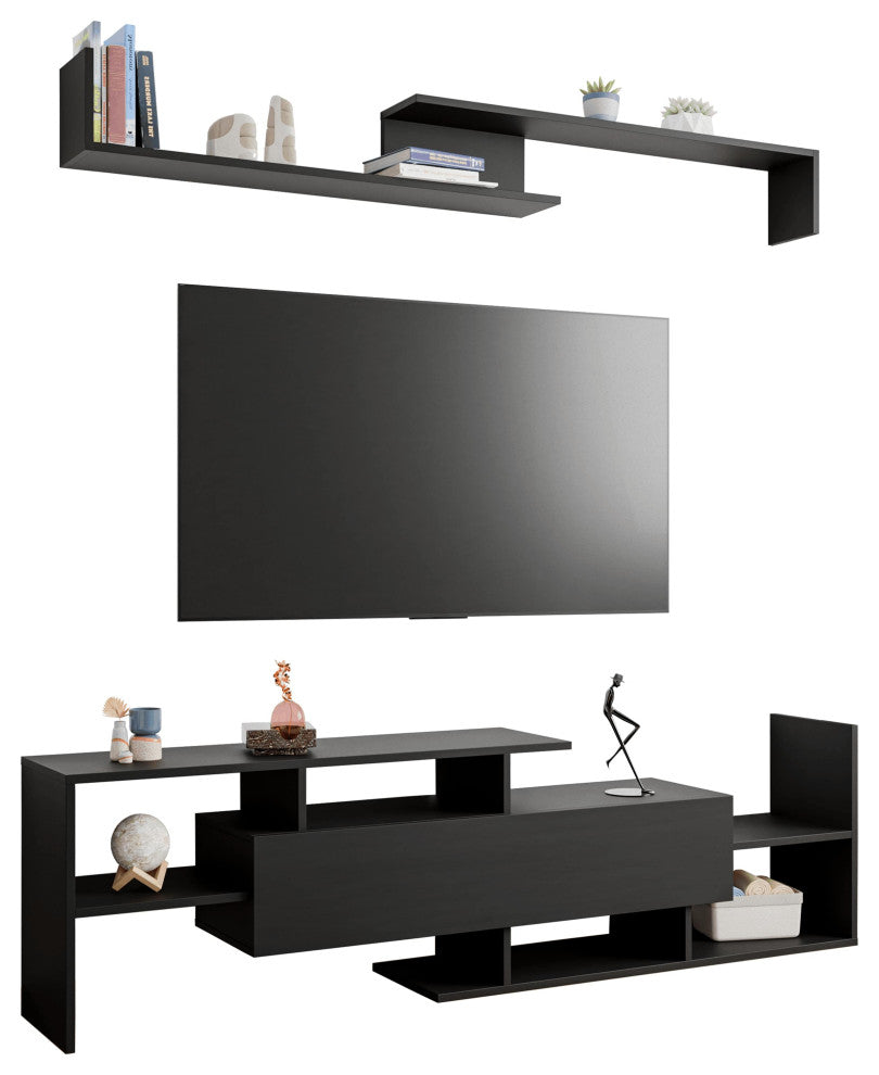 60.2'' 2 Pc 1-Drawer Floating TV Stand Media Console with Open Shelves, Ebony
