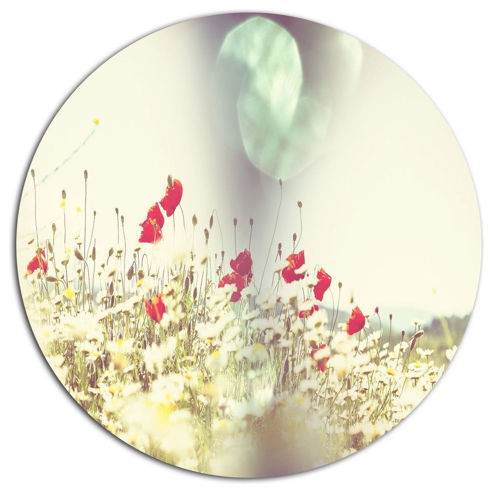 Red And White Poppy Flowers Field, Flower Large Disc Metal Artwork, 36"