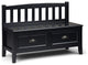 Armless Storage Bench, Slatted Back and 2 Drawers With Cup Pulls, Black