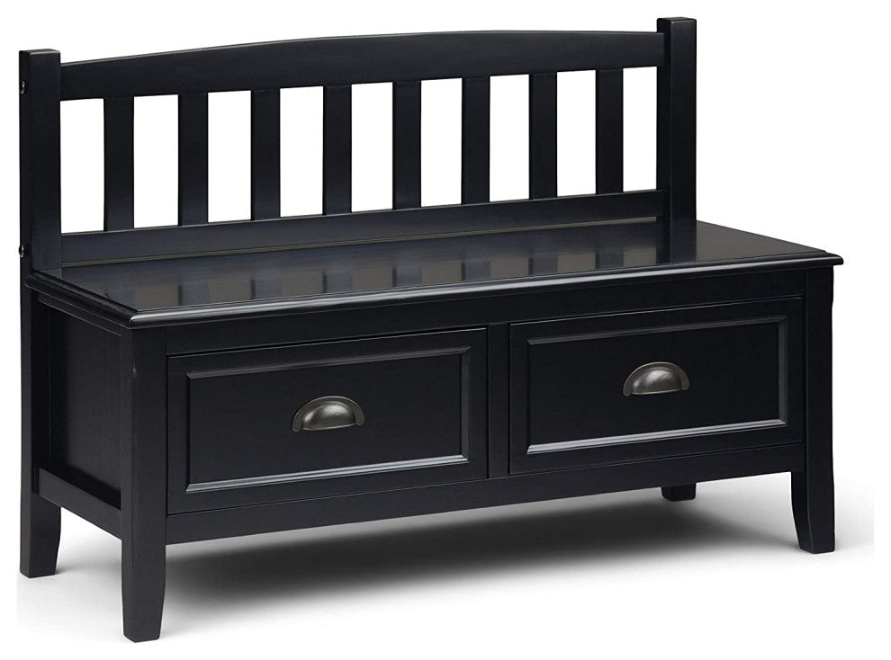 Armless Storage Bench, Slatted Back and 2 Drawers With Cup Pulls, Black