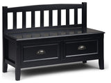 Armless Storage Bench, Slatted Back and 2 Drawers With Cup Pulls, Black