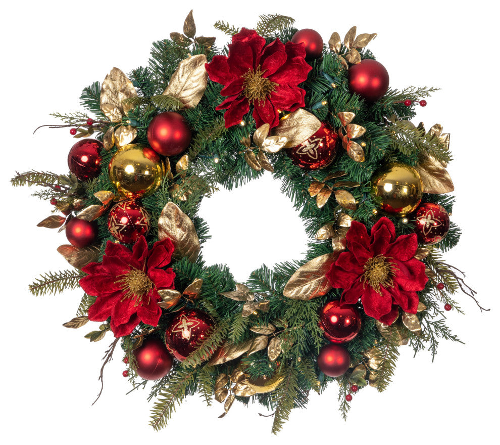30" Lighted Christmas Wreath, Golden Leaf Red Magnolia