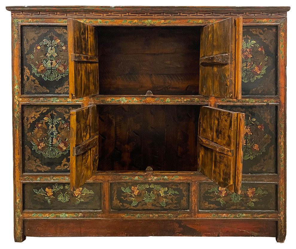 Consigned 19th Century Antique Tibetan Hand Painted Credenza Storage Cabinet