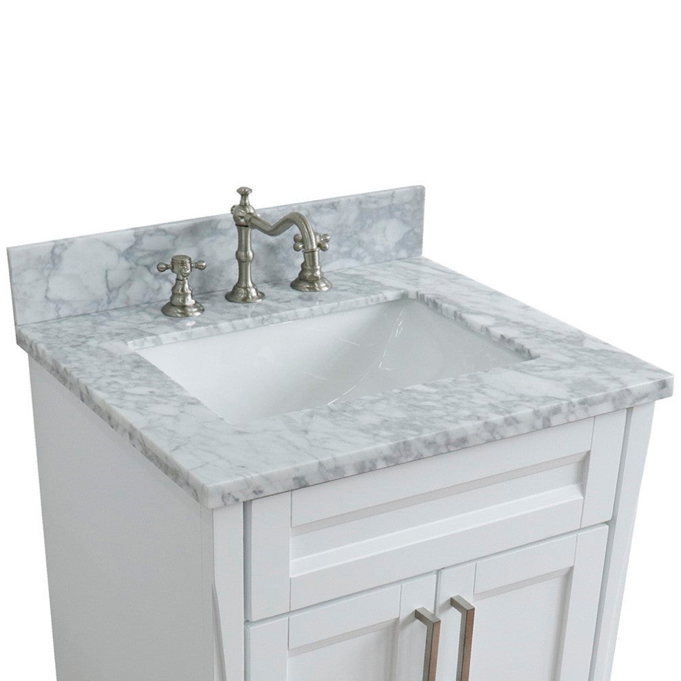 25" Single Sink Vanity, White Finish With White Carrara Marble