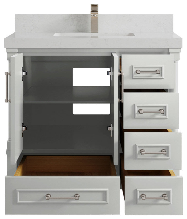 Aberdeen 36 Center Sink Bath Vanity in Coventry Gray 2" Carrara Quartz