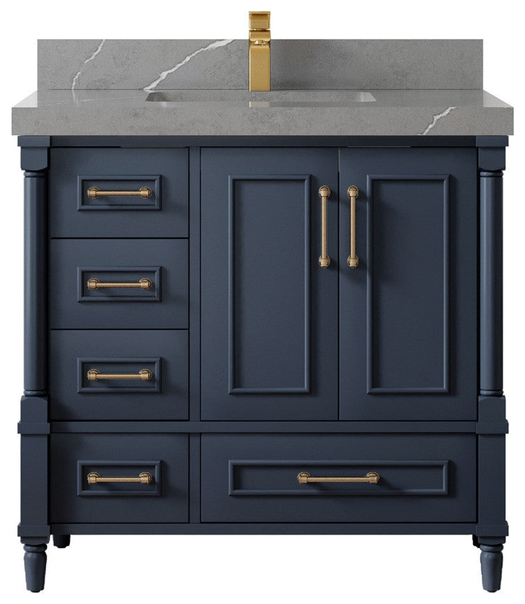 Aberdeen 36 Center Sink Bath Vanity in Hale Navy Blue  2" Piatra Gray