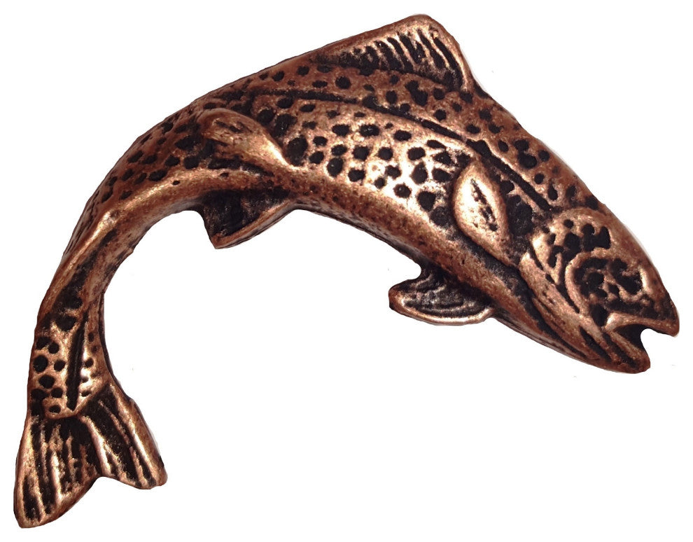 Jumping Trout Right Facing Cabinet knob, Antique Copper