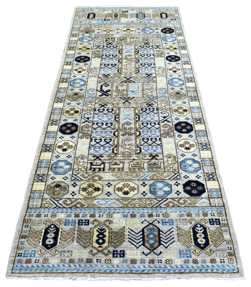 Light Gray, Hand Knotted Afghan Ersari Pure Wool Runner Rug, 2'10"x8'4"