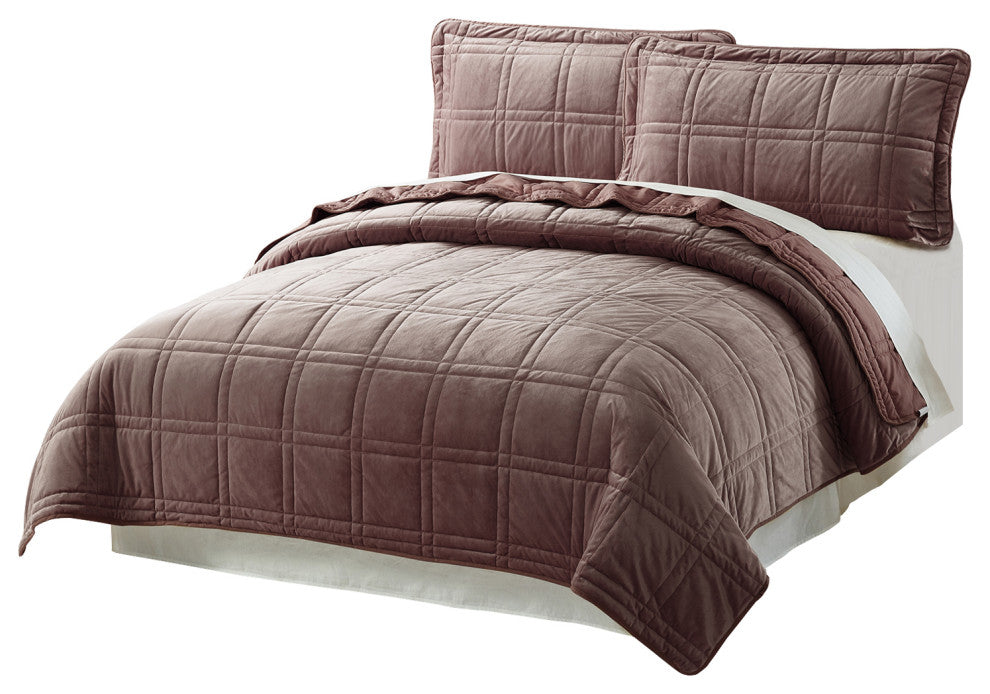 3 Piece Box Quilted Micromink King Bedspread, Seal Brown