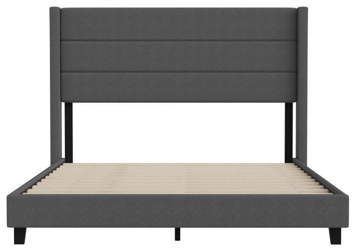 Hollis Upholstered Platform Bed with Wingback Headboard w/Mattress Foundation, Charcoal, Queen