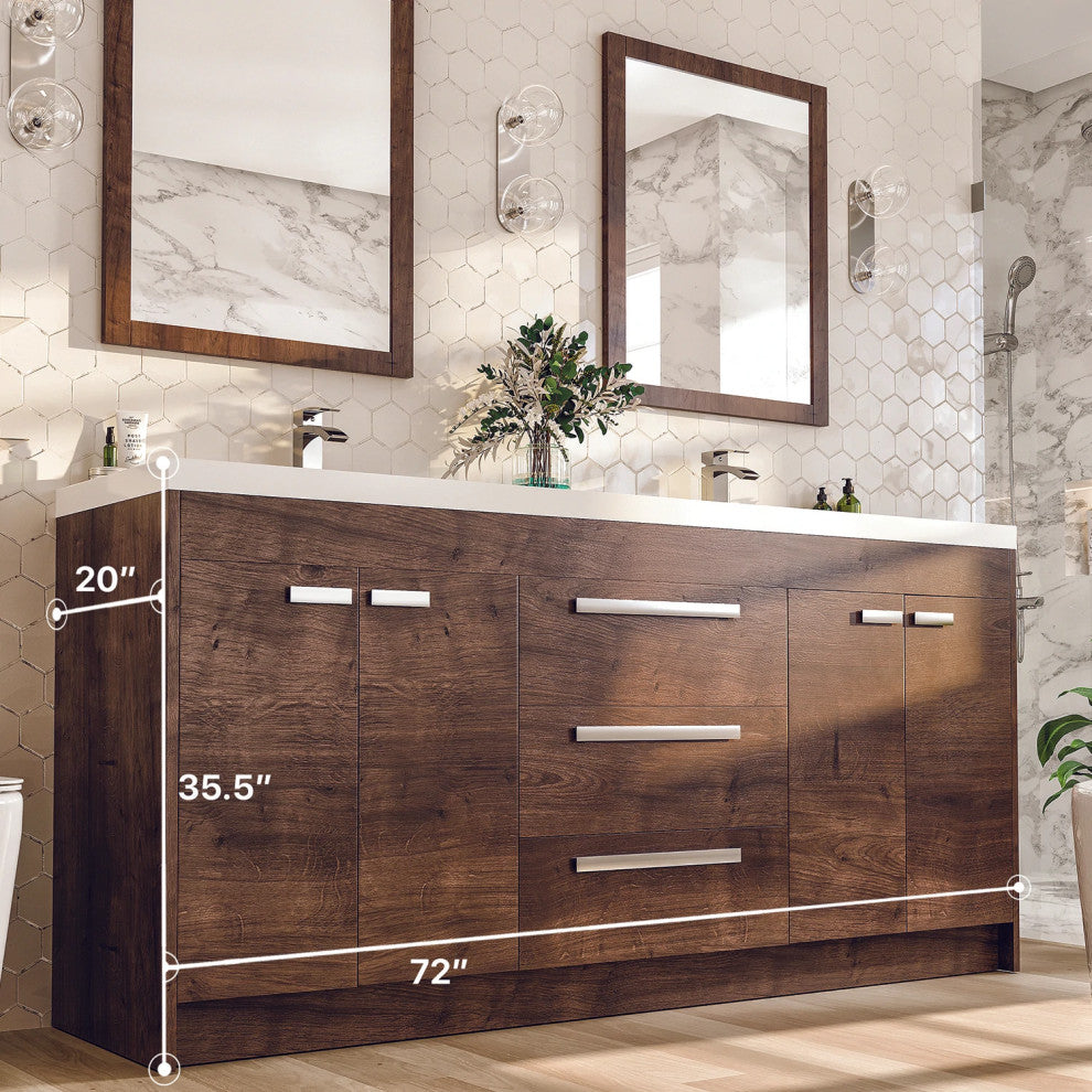 Eviva Lugano 72" Rosewood Modern Double Sink Bathroom Vanity w