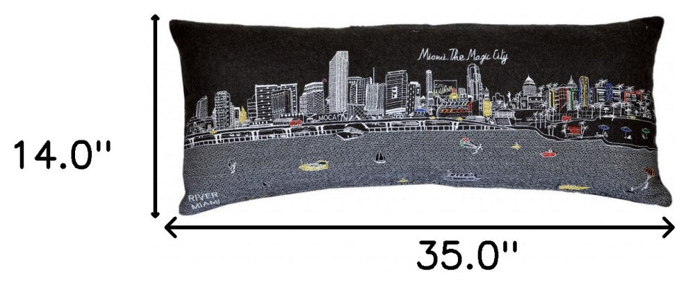 35" Black Miami Nighttime Skyline Lumbar Decorative Pillow