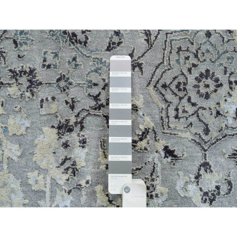 Light Gray Pure Silk With Wool Hand Knotted Broken Kashan Design Rug, 6'0"x9'0"